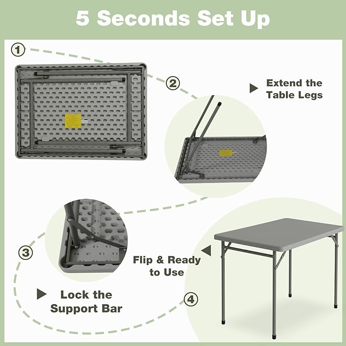 3ft Rectangular Folding Table for All-Occasion, Foldable Table with HDPE Tabletop and Steel Legs, Durable and Stable Small Folding Table, Perfect for Camping, Picnic, Party, Indoor & Outdoor, Grey