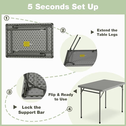 3ft Rectangular Folding Table for All-Occasion, Foldable Table with HDPE Tabletop and Steel Legs, Durable and Stable Small Folding Table, Perfect for Camping, Picnic, Party, Indoor & Outdoor, Grey