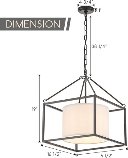 VILUXY Modern Farmhouse Chandelier 17" Black Ceiling Pendant Light with White Fabric Drum Chandeliers Round Square Hanging Lighting for Dining Room Bedroom Foyer