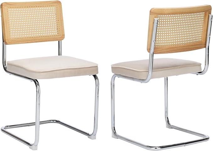 Rattan Back Velvet Dining Chair Set of 2 Modern Breuer Designed Stainless Chrome Base Armless Upholstered Dining Chair for Dining Room, Kitchen Island(Beige)