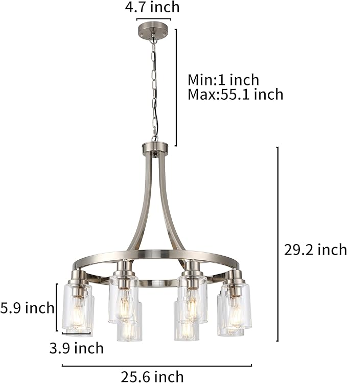 Dining Room Lighting Fixtures Hanging, Brushed Nickel for Kitchen Dining Room Living Room Kitchen Island Linear Pendant 8 Light Chandeliers with Clear Glass Shades
