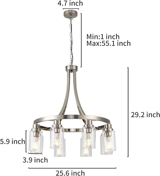 Dining Room Lighting Fixtures Hanging, Brushed Nickel for Kitchen Dining Room Living Room Kitchen Island Linear Pendant 8 Light Chandeliers with Clear Glass Shades