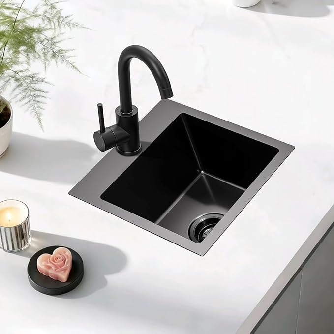 Gunmetal Black bar sink 15 inch Drop in Bar Sinks Modern Stainless Steel Small Kitchen Sinks Single Bowl RV Sink with Faucet Combo