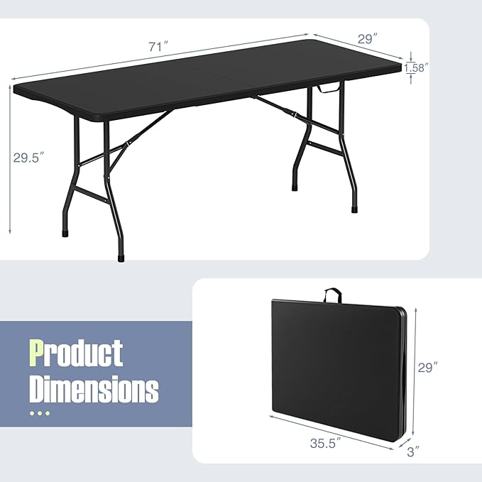 Goplus 6ft Plastic Folding Table, 350 LBS Outdoor Heavy Duty Folding Tables with HDPE Tabletop, Handle, Lock, Foldable Rectangle Portable Utility Card Table for Picnic, Party, Camping, Dining