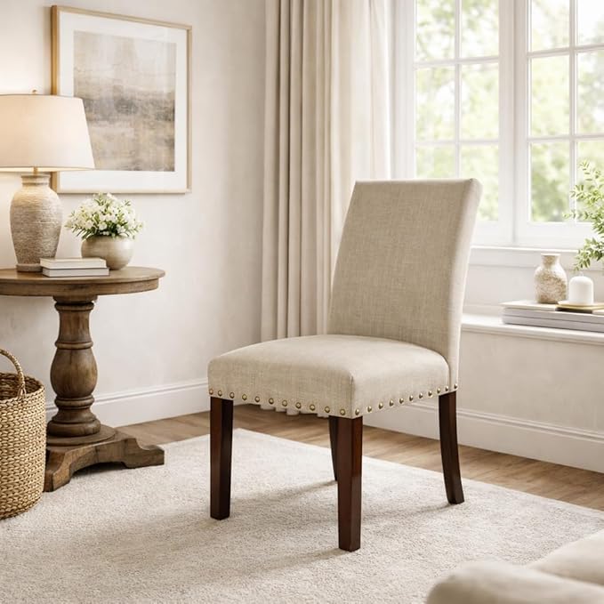 Homepop Home Decor | Classic Upholstered Parsons Dining Chairs | Set of 2 Accent Dining Chairs with Nailhead Trim, Natural Linen