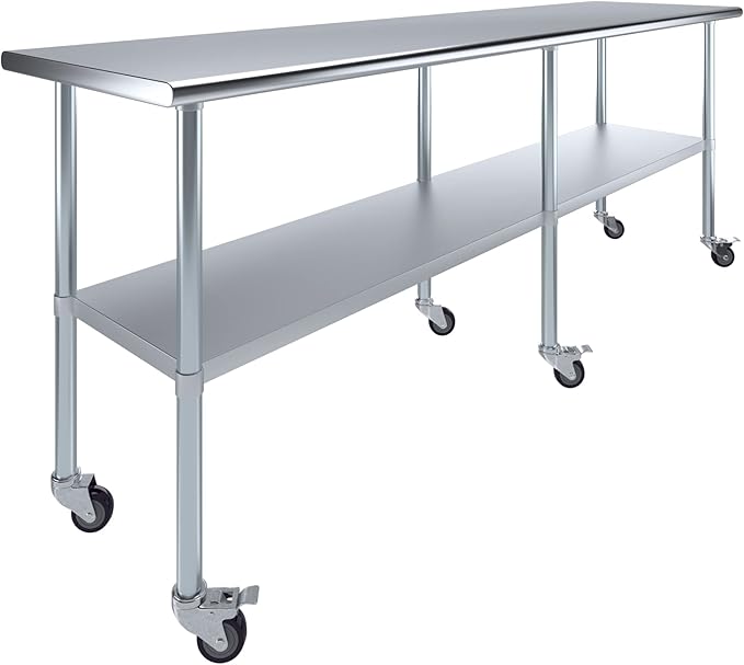 Stainless Steel Work Table with Wheels | NSF Kitchen Island Food Prep | Laundry Garage Utility Bench (Table + Wheels, 96" Long x 24" Deep)