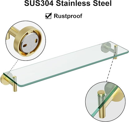 Glass Shelves for Bathroom,20-Inch Brushed Gold Floating Bathroom Shelf Stainless Steel Tempered Glass Shelf Modern Shelves Wall Mounted
