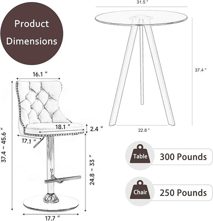 Glass Bar Height Table and Chairs Set for 2, Round Bistro Pub Table with Stools Set, Adjustable Retro Barstools Velvet Island Chairs for Small Space (Silver Metal Legs, Clear Top + Black Chair)
