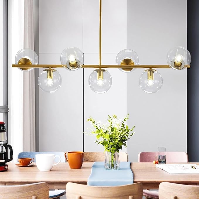 KCO Lighting 7-Light Clear Glass Globe Sputnik Chandelier Mid Century Modern Pendant Hanging Light Gold Brass for Kitchen Island Dining Living Room