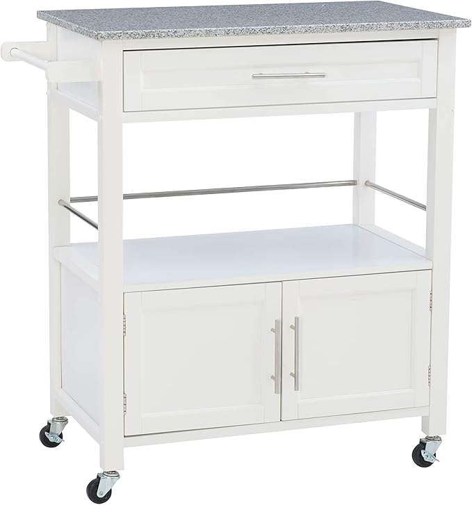 Linon Kyler White Granite Topped Kitchen Cart with Lockable Casters and Hidden Storage Spaces