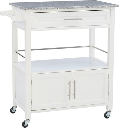 Linon Kyler White Granite Topped Kitchen Cart with Lockable Casters and Hidden Storage Spaces