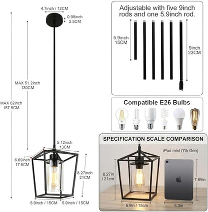 3 Pack Black Pendant Lights for Kitchen Island, 1-Light Farmhouse Metal Pendant Light Cage Kitchen Hanging Light Fixtures with Clear Glass Shade for Dining Room, Entryway, Hallway, Foyer
