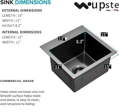 Gunmetal Black bar sink 15 inch Drop in Bar Sinks Modern Stainless Steel Small Kitchen Sinks Single Bowl RV Sink with Faucet Combo