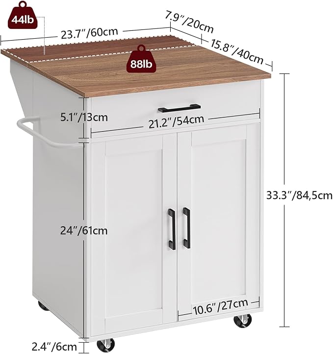 MAHANCRIS Kitchen Island on Wheels with Drop Leaf, Folding Countertop Kitchen Island Cart, Kitchen Island Table with Towel Rack, Drawer, for Kitchen, Dining Room, White and Walnut KIBZ12501
