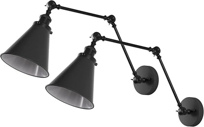 JONATHAN Y 7" Black Classic Industrial Metal Adjustable Arm LED Wall Sconce for Bedside Reading, Farmhouse Swing Arm Wall Lamp with Metal Shade, Hardwired (JYL7462E-SET2)