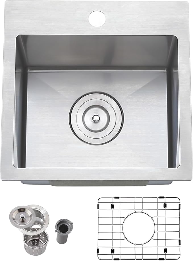 Friho 15x15 Inch Drop in Bar Sink, Top mount Small Kitchen Sink, 16 Gauge Handmade T-304 Stainless Steel Square Single Bowl Sink for RV Wet Bar Prep RV Outdoor with Accessories