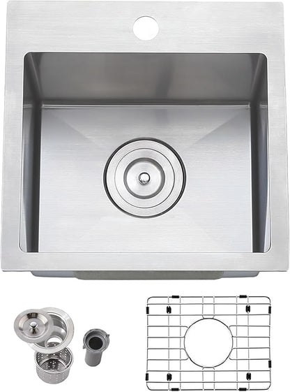 Friho 15x15 Inch Drop in Bar Sink, Top mount Small Kitchen Sink, 16 Gauge Handmade T-304 Stainless Steel Square Single Bowl Sink for RV Wet Bar Prep RV Outdoor with Accessories