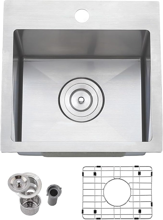 Friho 15x15 Inch Drop in Bar Sink, Top mount Small Kitchen Sink, 16 Gauge Handmade T-304 Stainless Steel Square Single Bowl Sink for RV Wet Bar Prep RV Outdoor with Accessories