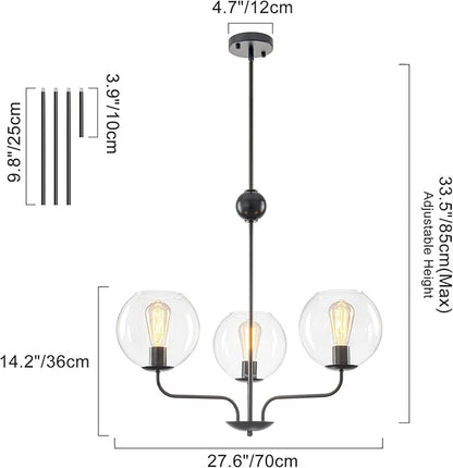 Classic 3-Light Black Chandelier with Upward U-Shaped Arms, Modern Vintage Pendant Lighting with Clear Glass Globes, Ceiling Light Fixture for Dining Room, Living Room, Hallway