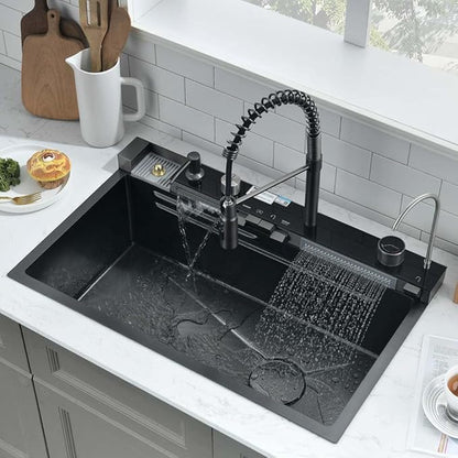 30 Inch Black Waterfall Kitchen Sink with Pull-Out Faucet Combo- Wesliv 30x18 Waterfall Sink Black Digital Display Smart Honeycomb Kitchen Sinks Deep Single Bowl with Accessories