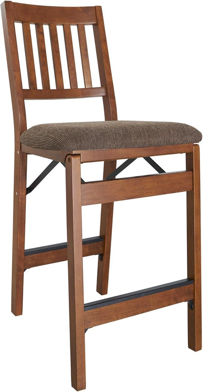 MECO Stakmore Solid Wood Dining Table Counter Stools Set - Fabric Padded Upholstered Seat & Steel Folding Mechanism, Fruitwood Frame & Jax Fabric