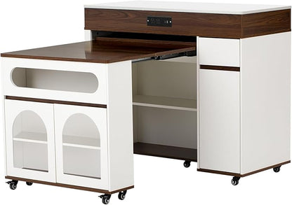 Extendable Dining Table with Extra-Long Folding Top, Rolling Kitchen Island with Drawers, Power Outlet and Locking Wheels for Kitchen, Dining Room, Walnut + Creamy White