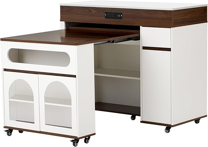 Extendable Dining Table with Extra-Long Folding Top, Rolling Kitchen Island with Storage Cabinet, Drawers & Brake Lock, Sturdy Mobile Cart for Kitchen, Dining Room & Open Spaces (Cream White+Walnut2)