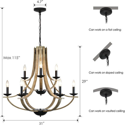 LAMPKEDUO Farmhouse Chandeliers for Dining Room Light Fixture, 9-Light 31" Adjustable Height Retro Faux Wood Texture Rustic Light Fixtures for Living Room Bedroom Kitchen Island Foyer Entryway