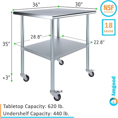 Stainless Steel Work Table with Wheels | NSF Kitchen Island Food Prep | Laundry Garage Utility Bench (Table + Wheels, 36" Long x 30" Deep)