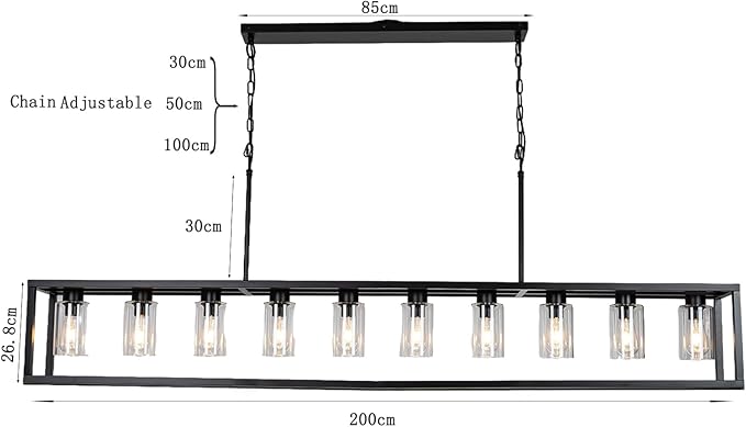 Farmhouse Dining Room Light Fixture Kitchen Island Pendant Lighting Rectangle Black Dining Room Lighting Fixture Modern Pendant Contemporary Chandeliers with Glass Shade Adjustable (10 Light)