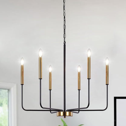 ETONIMERR Modern Farmhouse Chandelier Light Fixture Ceiling Hanging, 6-Light Black and Gold Industrial Chandelier for Dining Room, Rustic Candle Pendant Light for Kitchen Island, Living Room