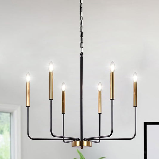 ETONIMERR Modern Farmhouse Chandelier Light Fixture Ceiling Hanging, 6-Light Black and Gold Industrial Chandelier for Dining Room, Rustic Candle Pendant Light for Kitchen Island, Living Room