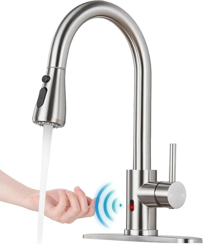 Touchless Kitchen Faucet with Pull Down Sprayer - Brushed Nickel Single Handle Kitchen Faucets, High Arc Stainless Steel Pull Out Kitchen Sink Faucet with Deck for RV Laundry Farmhouse Bar