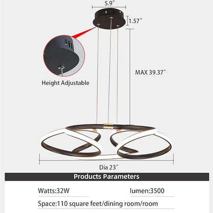 23 inch Modern Chandelier for Dining Room, Kitchen Chandelier & Entryway, Dimmable LED Pendant Light with Adjustable Height, 32W for Hallway, Living Room, Bedroom (Black M)