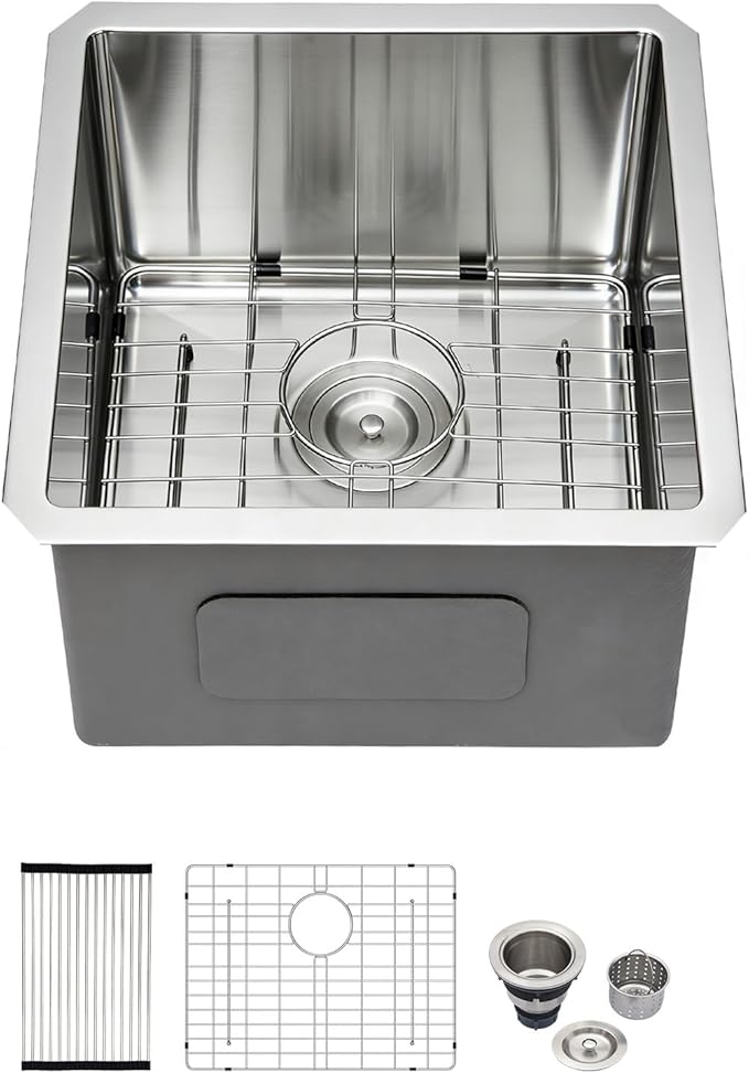 Kichae Undermount Bar Sink 17x17 inch Undermount Sink Stainless Steel Small Bar Prep 16 Gauge Deep Single Bowl RV