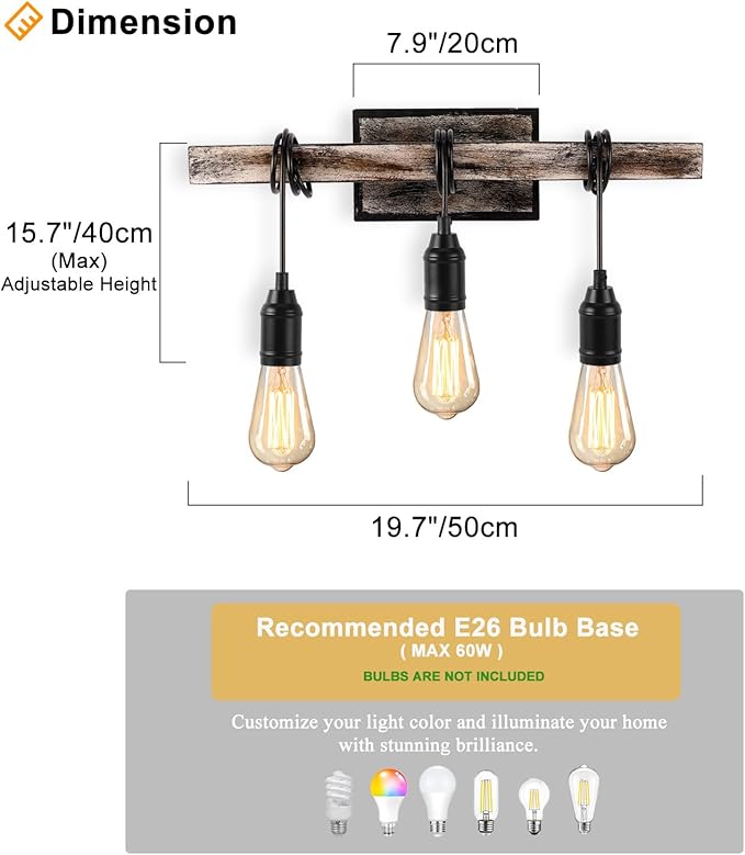 3 Lights Vintage Wall Sconce, Farmhouse Industrial Bare Bulb Wire Wrapped Wood Beam Linear Bathroom Vanity Light