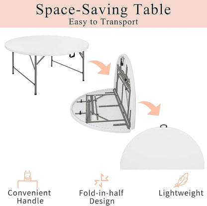 4 FT Round Folding Tables with Carrying Handle Lightweight Portable Plastic Commercial Table Steel Legs for Party, Dining, Wedding, Events, Picnic Indoor, Outdoor (White,1 Pack)