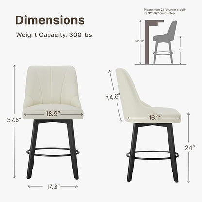 24" Counter Height Bar Stools Set of 4, Swivel Bar Stools with Backs, Fabric Upholstered Counter Barstools with Solid Wood Legs for Kitchen Island,Ivory