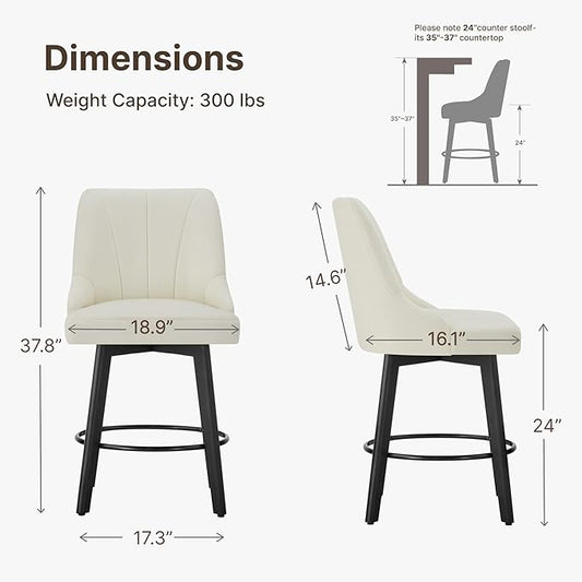 24" Counter Height Bar Stools Set of 4, Swivel Bar Stools with Backs, Fabric Upholstered Counter Barstools with Solid Wood Legs for Kitchen Island,Ivory