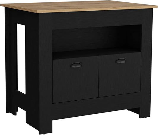 GOWE Floyd Kitchen Island 35" H, Whit 2 Doors, 3 Shelves, Black/Macadamia
