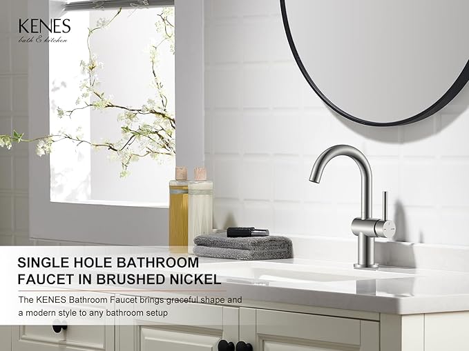 KENES Brushed Nickel Bathroom Faucet Single Handle Modern Prep Wet Bar Sink Faucet Bathroom Sink Faucets with Drain Assembly & Deck Plate, Farmhouse RV Camper Outdoor Utility Faucet, KE-9005B