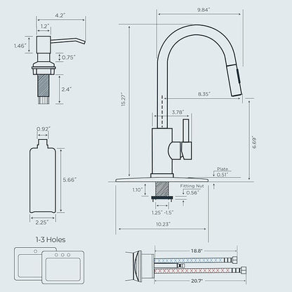FORIOUS Black Kitchen Faucet with Soap Dispenser, High Arc Modern Sink Faucet with Pull Down Sprayer and Deck Plate, Stainless Steel Fit for 1 or 3 Hole for Pot Filler Bar Farmhouse Laundry Rv