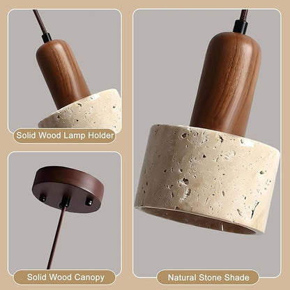 Modern Walnut Wood Decoration Hanging Light, Stone Pendant Light, Small Yellow Travertine Pendant Lamp, Retro Adjustable Pendant Light for Farmhouse Kitchen Island