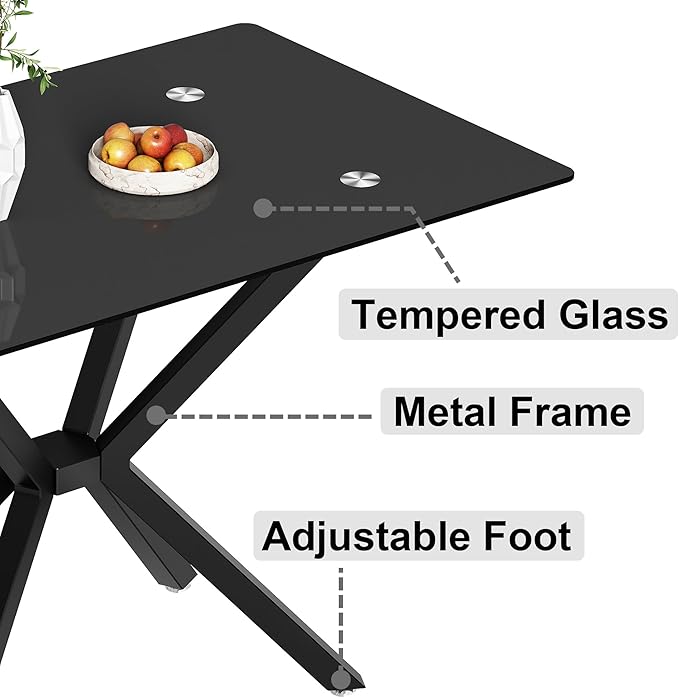 47" Black Glass Dining Table for 4, Modern Kitchen Dining Room Table with Rectangular Tempered Glass Top and Black X Metal Legs, Glass Dinner Table for Kitchen
