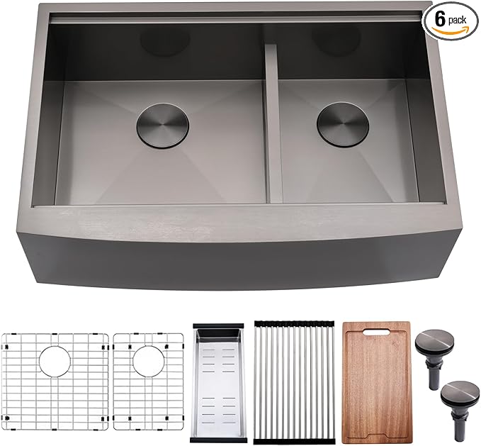 33x22 Double Bowl Farm Sink for Kitchens Workstation - 33 Inch Black Stainless Steel Farmhouse Kitchen Sink Double Bowl, Apron Undermount Double Kitchen Sink with Accessories