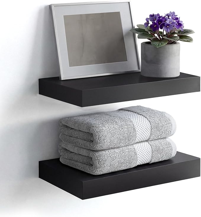 Homeforia Floating Shelf Black 12 inch, High End Solid Real Wood Small 12inch Floating Shelves for Wall Mounted, Black Wooden 12 in Floating Shelves, Heavy Duty Bracket, 12 X 6.5 X 1.75 inch, Set of 4