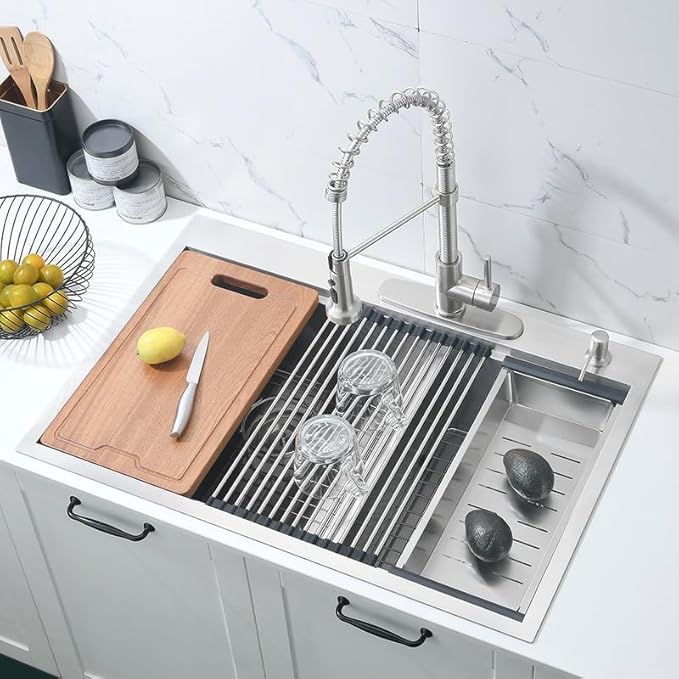 33 Inch Double Bowl Drop In Kitchen Sink Workstation-Bokaiya 33x22 Stainless Steel 60/40 Double Bowl Kitchen Sink 16 Gauge Deep Low Divide Double Sink with Cutting Board