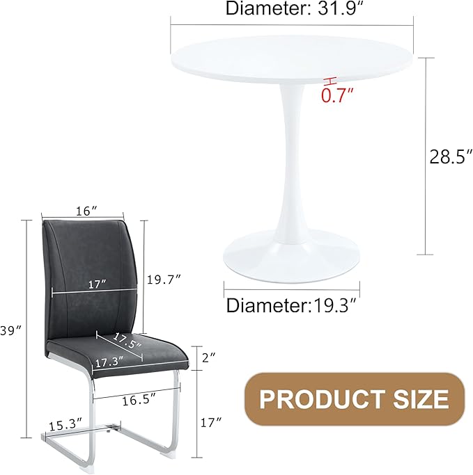 Small Round Dining Table Set with 4 Chairs, 31.9x31.9 Inch White MDF Top and Hourglass-Shaped Legs, Dark Gray PU Seats with Arched Metal Silver Legs for Kitchen and Dining Room
