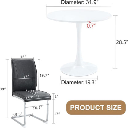 Small Round Dining Table Set with 4 Chairs, 31.9x31.9 Inch White MDF Top and Hourglass-Shaped Legs, Dark Gray PU Seats with Arched Metal Silver Legs for Kitchen and Dining Room
