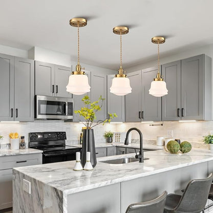 Industrial Milk Glass Pendant Light Fixture, Vintage Brass Adjustable Schoolhouse Hanging Light, Retro Mid Century Pendant Lighting for Kitchen Island Hallway Schoolhouse Dining Room Bedroom